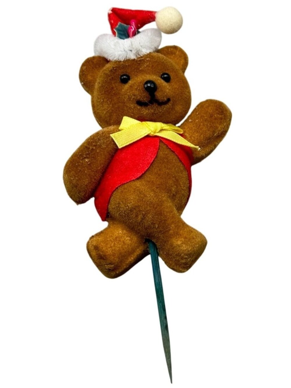 Flocked Teddy Bear Santa Hat Figurine Christmas decoration bow vest holly READ